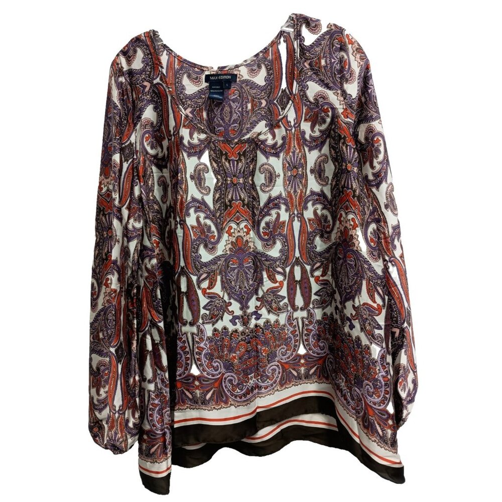Max Edition BOHO Cottagecore Top Womens Large Paisley Satin Balloon Sleeve